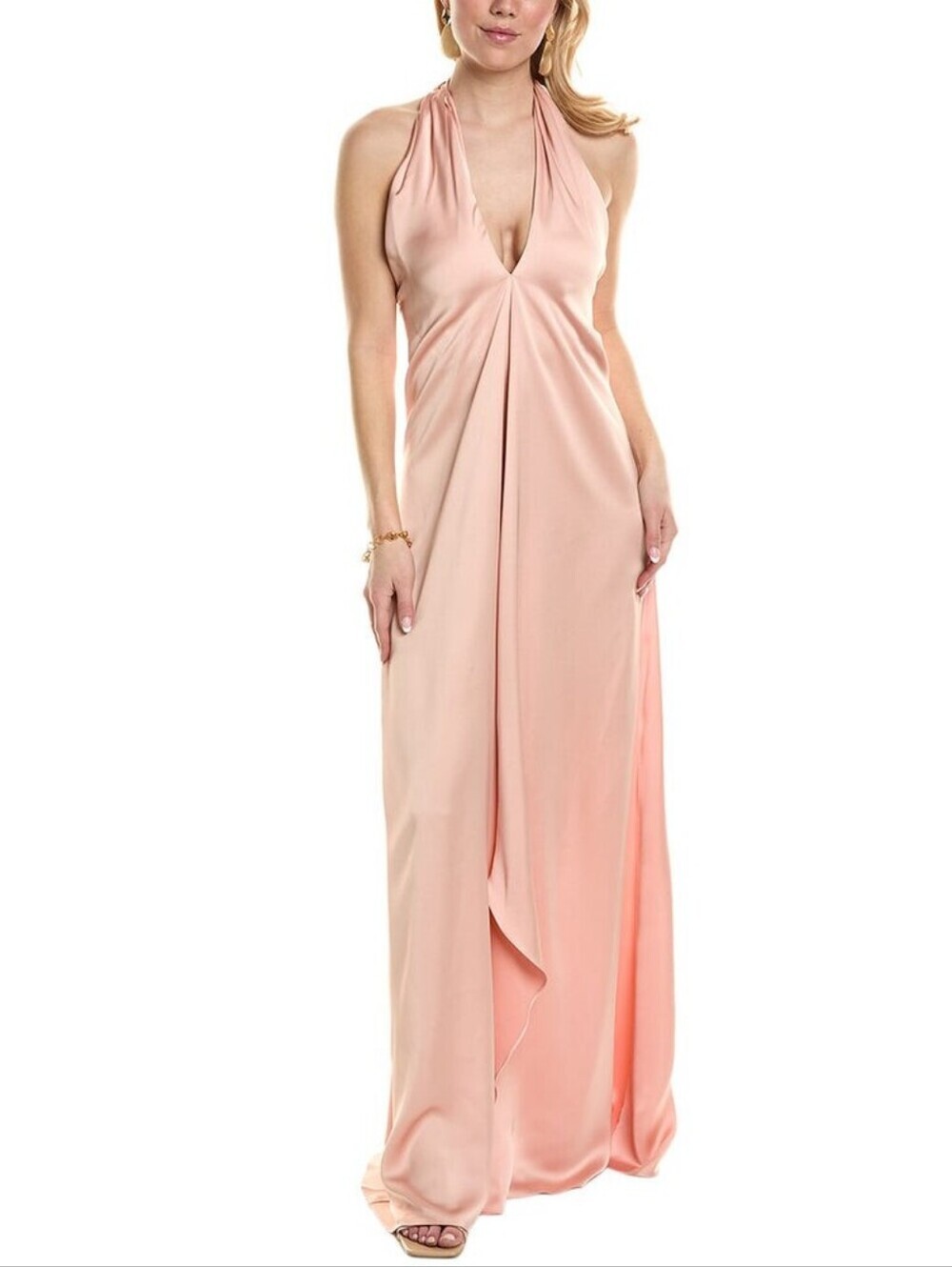 Ramy Brook Carey Rose Quartz Satin Halter Maxi Gown Open Back Formal Dress 00